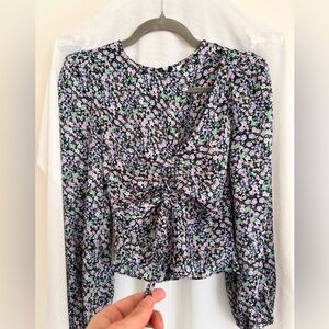 Astr Floral Ruched Front Blouse - Black and Purple Size XS